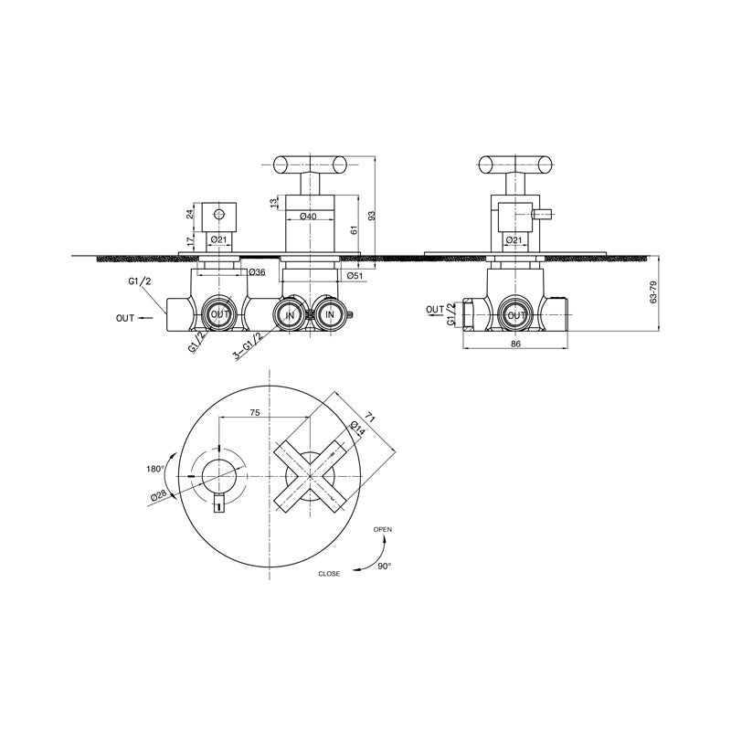 Parisi Stella Round Mixer 3-Way Diverter - Chrome