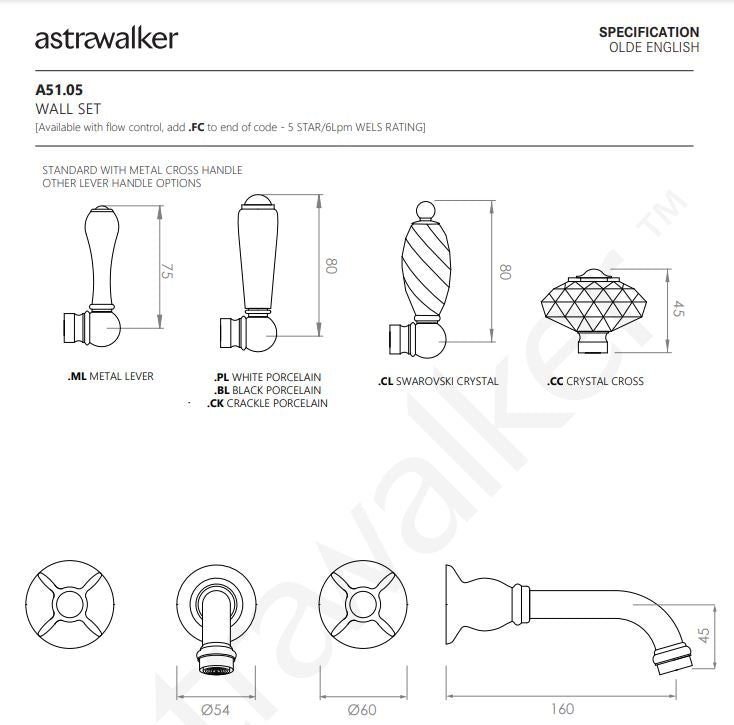Astra Walker Olde English Wall Set With 160mm Spout, Metal Lever Handles