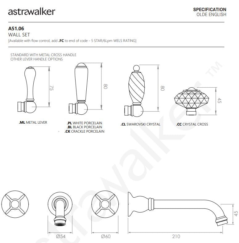 Astra Walker Olde English Wall Set With 210mm Spout, Swarovski Crystal Lever Handles
