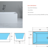 Impressions Bathroomware FLUSH MULTIFIT BATH 1700X730X580, GLOSS WHITE SQUARE BATH, NO OVERFLOW