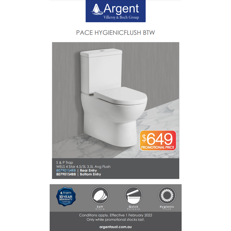 Argent Pace Hygienic flush BTW Toilet S&P Trap Rear Entry