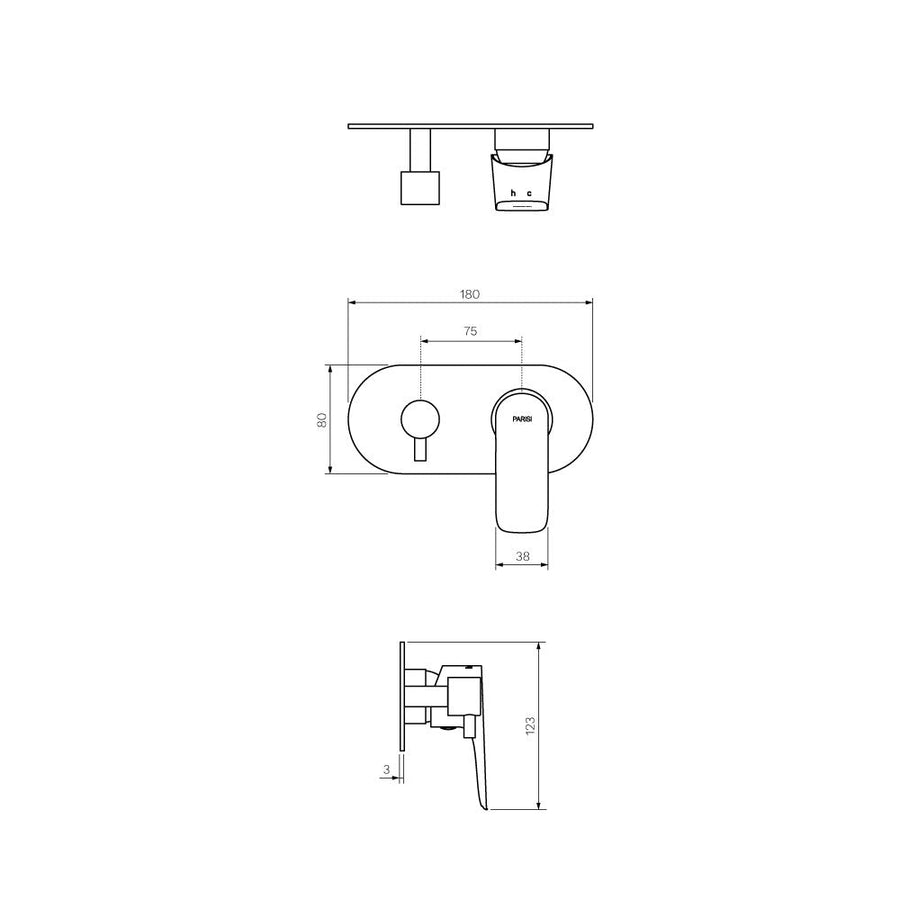 Parisi Slim II Wall Mixer with 2-Way Diverter - Brushed Brass