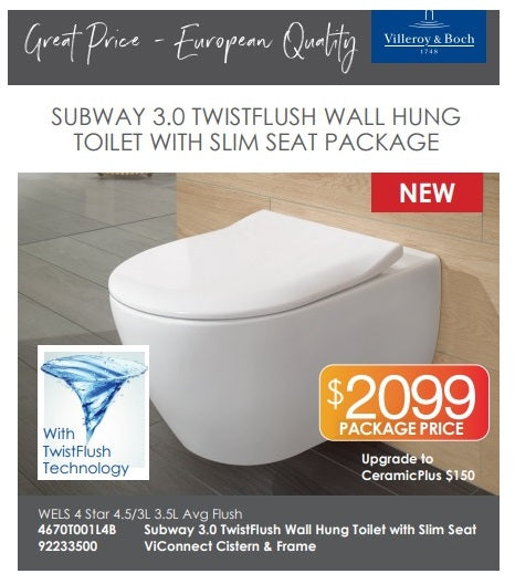 VILLEROY & BOCH Subway 3.0 Twistflush Wall Hung Toilet With Slim Seat Package