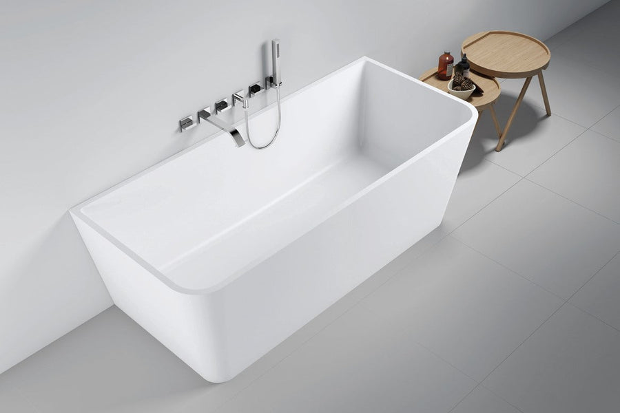 Argent Mirra 1500mm Back To Wall Freestanding Cast Stone Bath With Overflow - Silk White