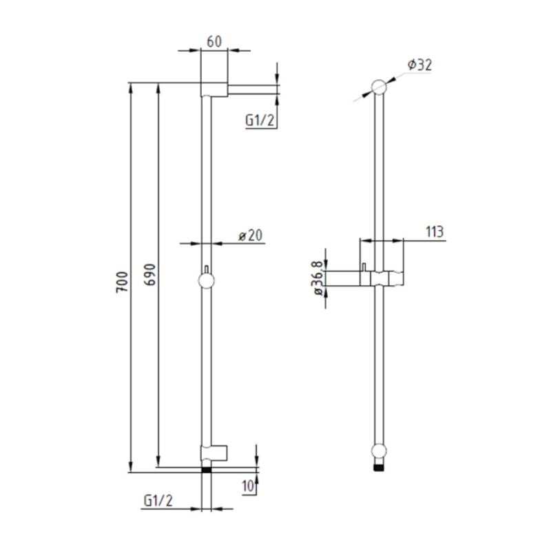 Argent Flow Minimalist Trio 120-700 Shower Rail Set - Chrome