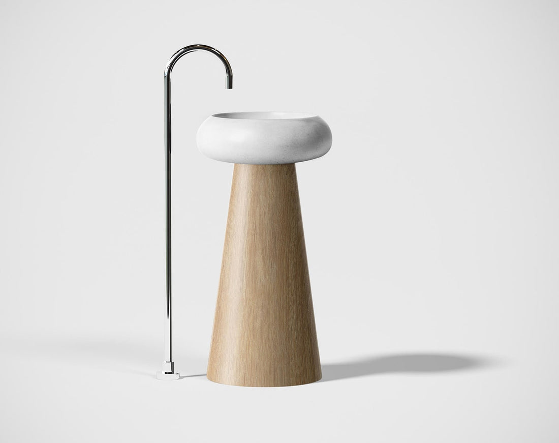 MEEK BATHWARE Zaftig Pedestal Basin - Freestanding with Oak Wood Base - by Joshua Gullaci | The Source - Bath • Kitchen • Homewares