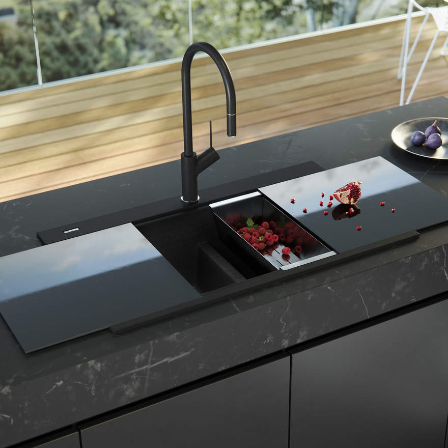 OLIVERI Santorini Black Double Bowl Topmount Sink With Glass Top | The Source - Bath • Kitchen • Homewares