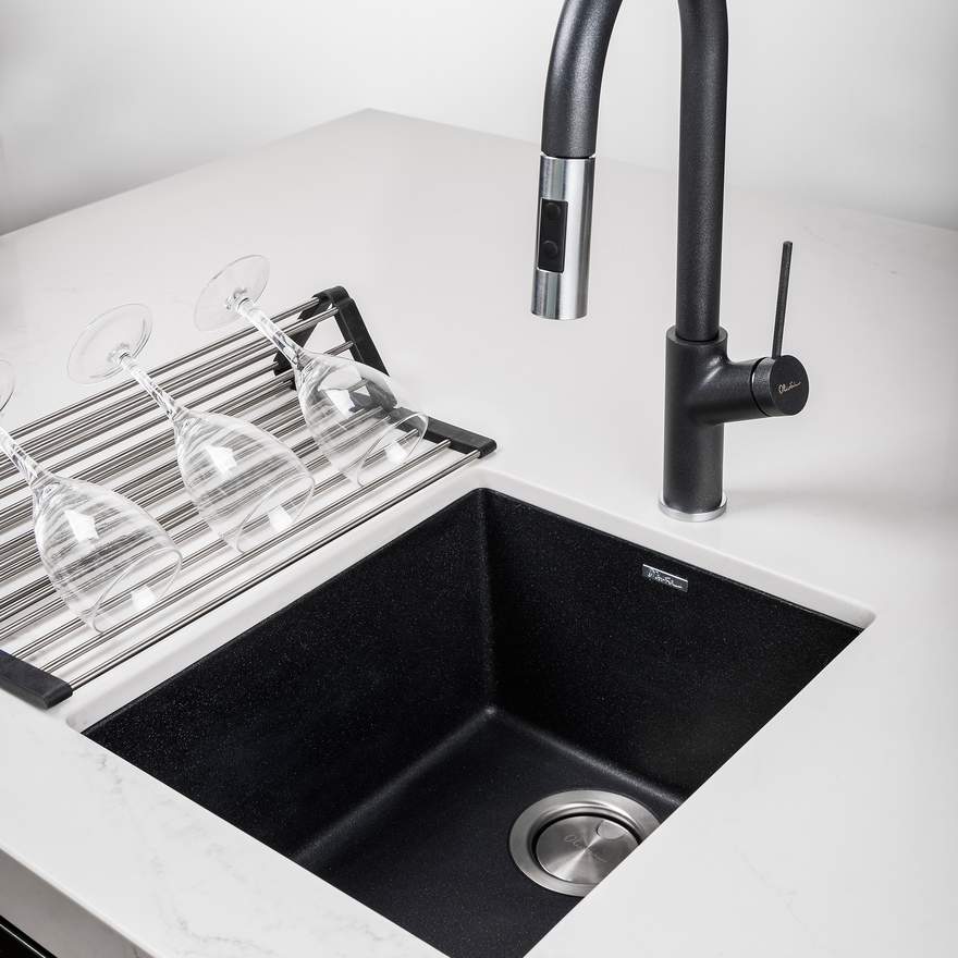 OLIVERI Santorini Black Standard Bowl Undermount Sink | The Source - Bath • Kitchen • Homewares