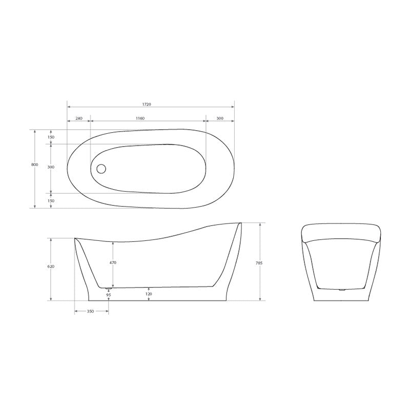 Argent Grace 1720mm Oval Freestanding Bath No Overflow - Gloss White