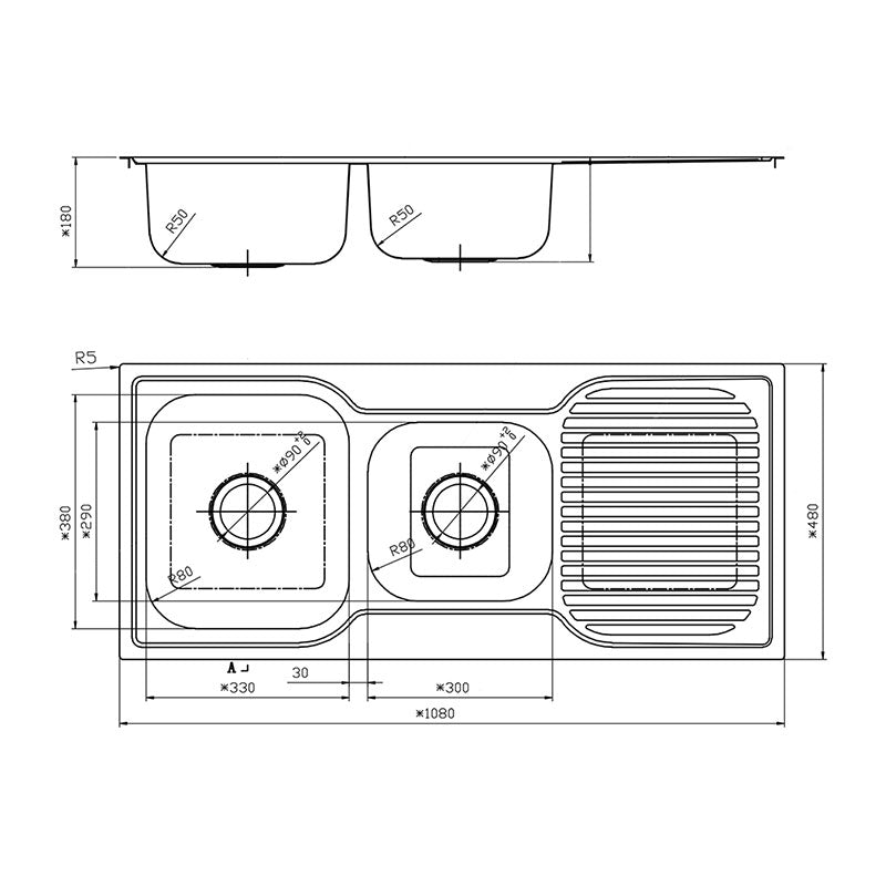 Argent Format 1080 1 & 3-4 Sink RH Drainer - 1 Tap Hole