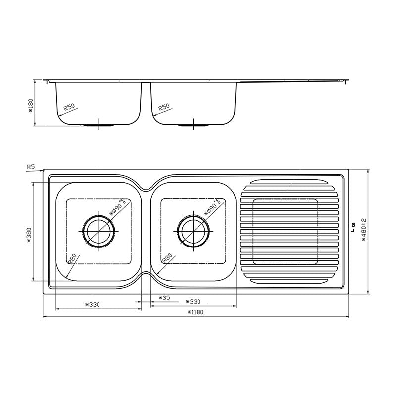 Argent Format 1180 Double Sink Drainer - No Tap Hole
