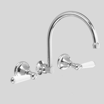 Astra Walker Olde English Wall Bath Set With 260mm Swivel Spout, White Porcelain Lever Handles