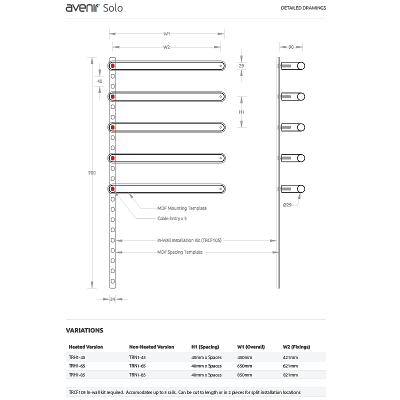 Avenir Solo Heated Towel Rail 650mm